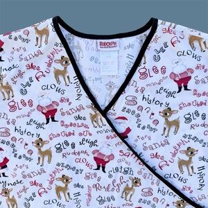 Rudolph the Red-Nosed Reindeer V-Neck Scrubs Top Medical Uniform ~ Large